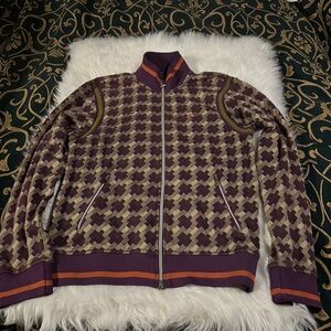 Modern Amusement Checkered Zip-Up Sweater in Purple and Brown